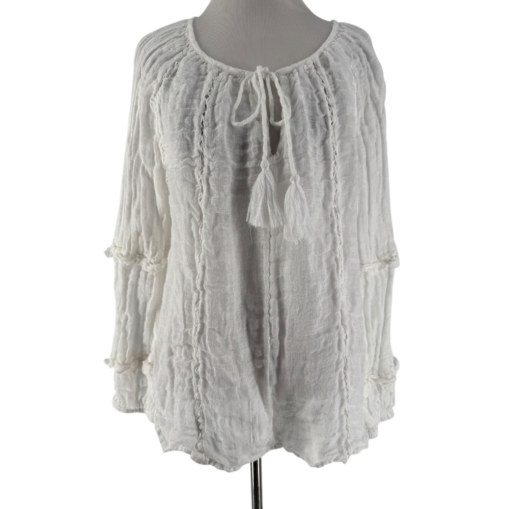 Sundance Women's White Gauze Sheer Peasant Long Sleeve Blouse Size Large